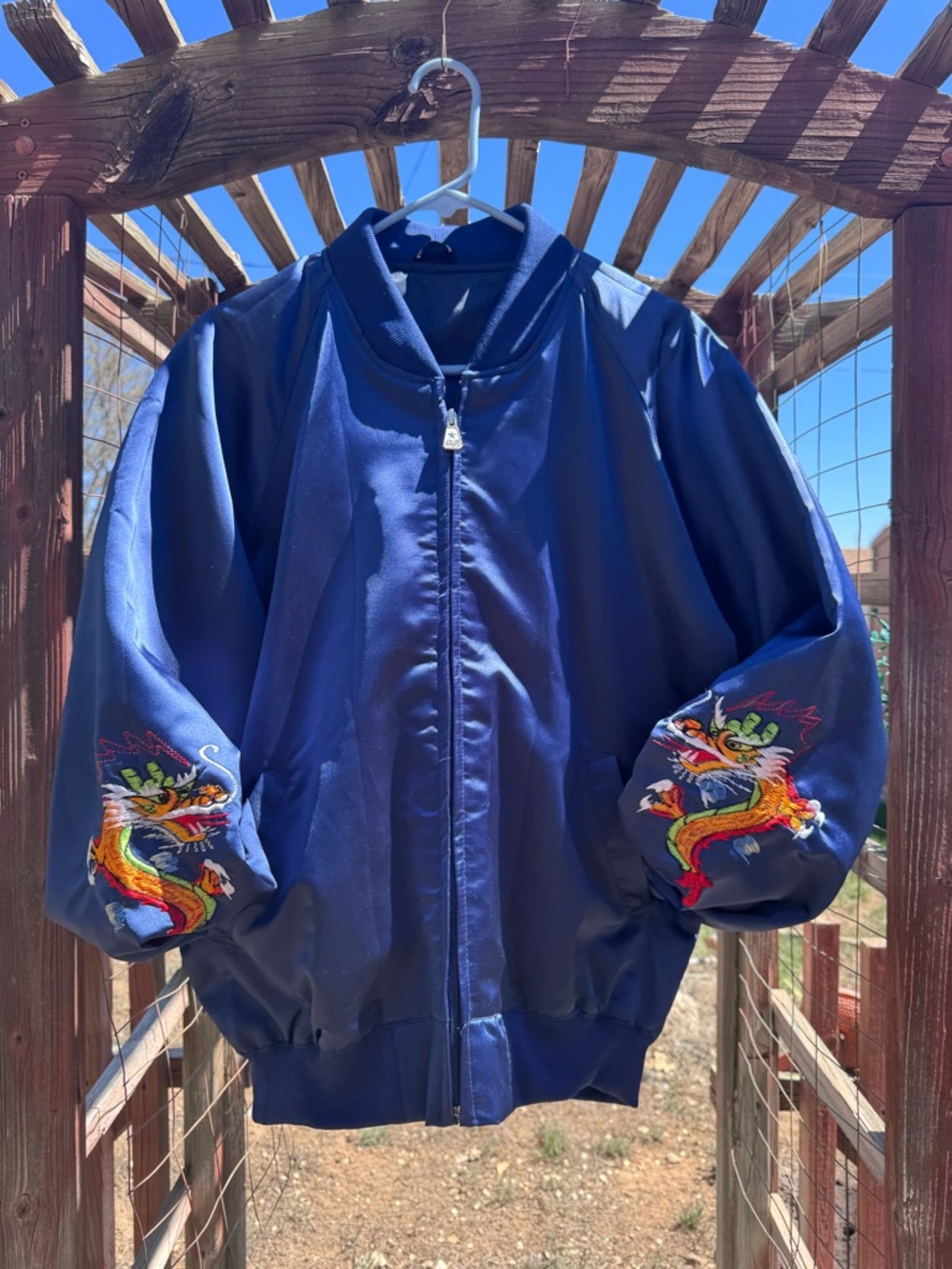 Navy Blue Dragon Embroidered Bomber Jacket